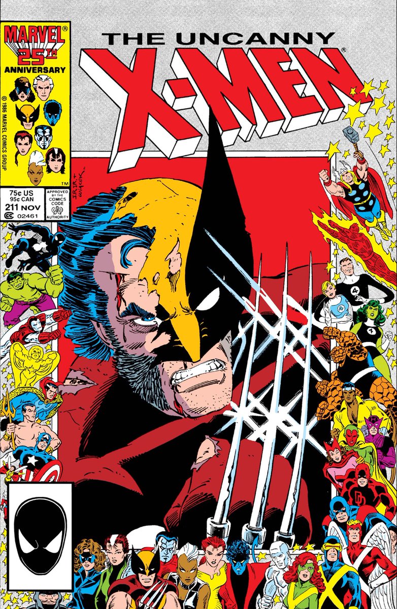 2326). Nov1986. 
Uncanny gets its 25th Anniversary cover…and who else would be on it! JRJR/Wiacek with the classic cover as the Mutant Massacre really shifts into high gear…featuring one of the most dramatic death scenes in the mutantverse up to that time (and since!)