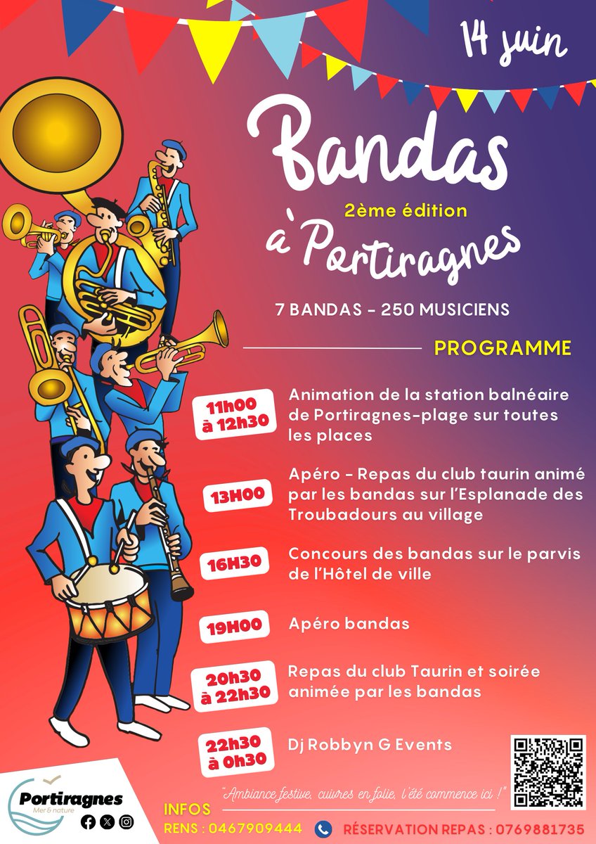 𝗙𝗘𝗦𝗧𝗜𝗩𝗔𝗟 𝗗𝗘𝗦 𝗕𝗔𝗡𝗗𝗔𝗦 - 𝟮𝗲 É𝗗𝗜𝗧𝗜𝗢𝗡  250 musiciens, 7 bandas, une ambiance de folie ! L'été démarre en fanfare à Portiragnes avec le retour du Festival des Bandas !