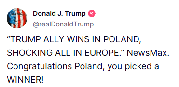 NEW: President Trump congratulates Poland on electing a winner for President.