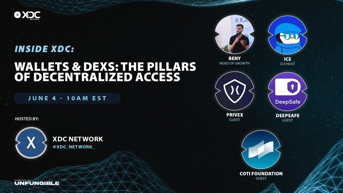 Inside XDC: Wallets &amp; DEXs – The Pillars of Decentralized Access.
Join us on June 4 at 10 AM EST as we explore the critical role of wallets and DEXs in shaping decentralized access across the XDC ecosystem.

Hosted by: <a href="/XDC_Network_/">XDC Network</a> Powered by: Unfungible
Co hosts: <a href="/zeroxbeny/">Beny</a> ,
