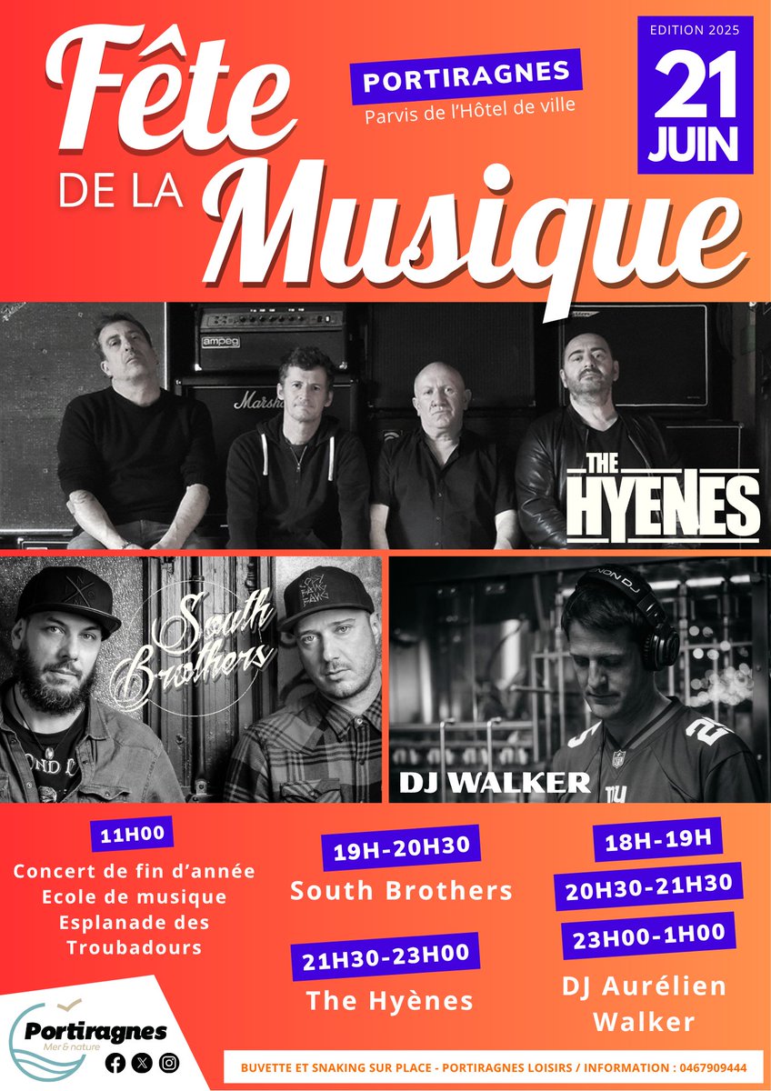 𝗙Ê𝗧𝗘 𝗗𝗘 𝗟𝗔 𝗠𝗨𝗦𝗜𝗤𝗨𝗘 – 𝗣𝗢𝗥𝗧𝗜𝗥𝗔𝗚𝗡𝗘𝗦 
Portiragnes – Esplanade des Troubadours &amp; Parvis de l’Hôtel de Ville - 𝗦𝗔𝗠𝗘𝗗𝗜 𝟮𝟭 𝗝𝗨𝗜𝗡 𝟮𝟬𝟮𝟱 .
Une journée rythmée par la passion de la musique, des artistes talentueux et une ambiance estivale garantie !