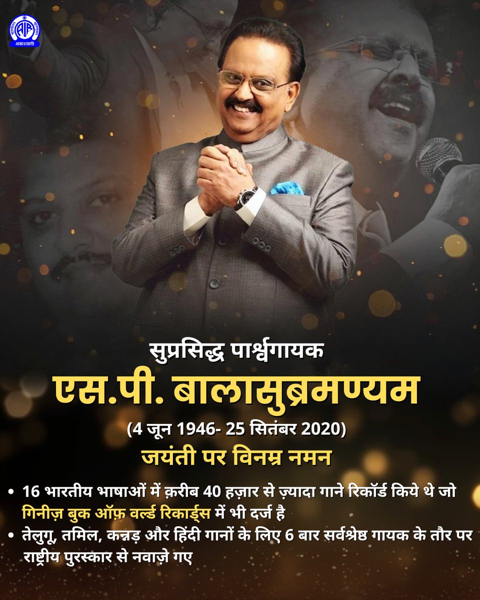 बहुत प्यार करते हैं🎶

लगातार 12 घंटों में 21 गाने का रिकॉर्ड बनाने वाले मशहूर गायक-अभिनेता और संगीतकार एसपी बालासुब्रमण्यम ने हिंदी, तमिल,तेलुगू सहित कई भाषाओं में 40,000 से ज़्यादा गीतों को अपनी आवाज़ दी.   तेलुगू फ़िल्म में पहला ब्रेक मिला और बस गाते चले गए  

जयंती पर सादर