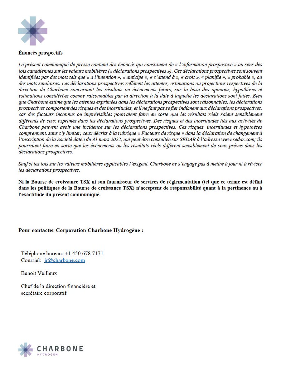 Charbone Hydrogène annonce un financement de règlements de dettes par émission d’unités pour un montant total de 1,3M$