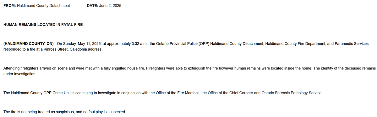 Media371's tweet image. .@OPP_WR informing the community about a fatal fire at a home on Kinross Street in #Caledonia that occurred three weeks ago.

Media Release ---&amp;gt;