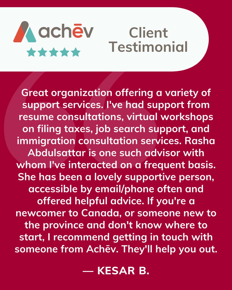 Happy #testimonialtuesday! Thank you, Kesar, for your wonderful testimonial. We value our clients’ feedback. If you are a newcomer in Ontario and looking for services to help you successfully settle in Canada, register for our free newcomer services today: bit.ly/3ez6hyZ
