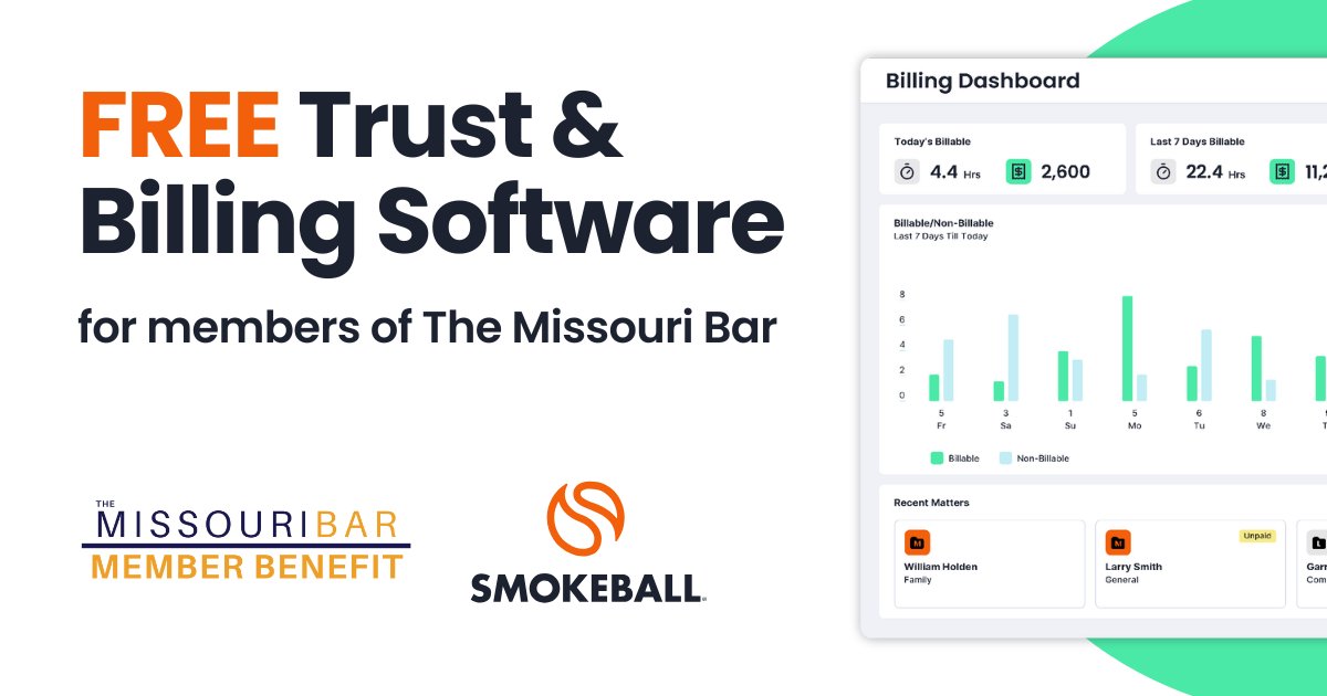 Smokeball (@smokeballnews) on Twitter photo #missourilawyers, have you heard the news?
We’ve partnered with <a href="/mobarnews/">The Missouri Bar</a> to offer all members of The Missouri Bar FREE access to Smokeball Bill, the premier trust accounting and billing software for law firms.
bit.ly/mobarbill-soci…
.
.
.
#themissouribar #missourilawfirms #missourilawyers, have you heard the news?
We’ve partnered with <a href="/mobarnews/">The Missouri Bar</a> to offer all members of The Missouri Bar FREE access to Smokeball Bill, the premier trust accounting and billing software for law firms.
bit.ly/mobarbill-soci…
.
.
.
#themissouribar #missourilawfirms