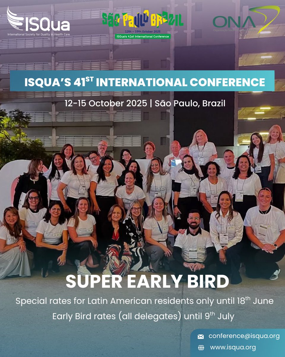 Planning to attend ISQua’s 41st International Conference in São Paulo this October?

🎟️ Super Early Bird (Latin America only) ends 18 June
🐦 Early Bird (all delegates) ends 9 July

Don’t miss out—register now and save: bit.ly/4eFhiwD