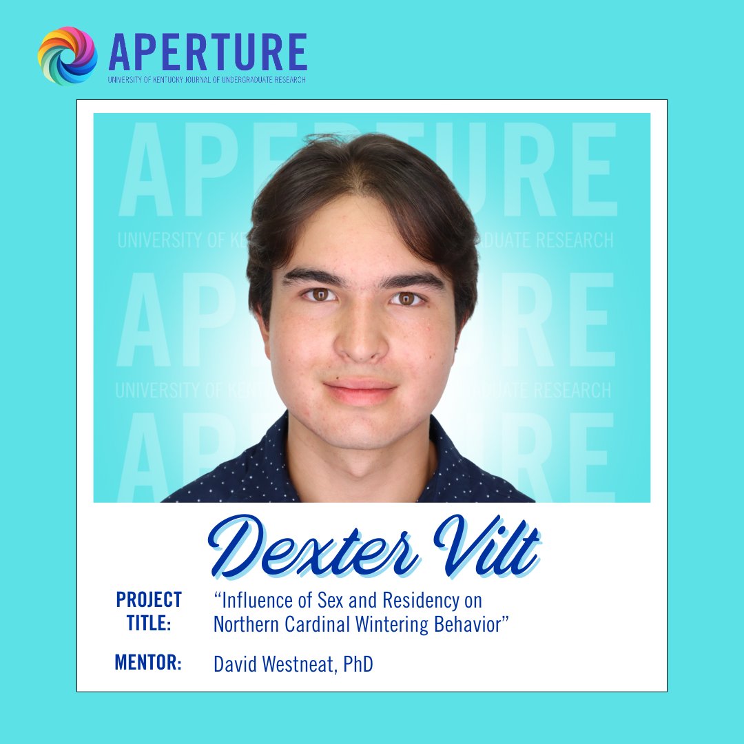 UK UGR (@ukugr) on Twitter photo Aperture Author Spotlight: Dexter Vilt
Dexter's project titled "Influence of Sex and Residency on Northern Cardinal Wintering Behavior,” was conducted with Dr. David Westneat in the Department of Biology.
Read Dexter's work: tinyurl.com/DexterAperture
<a href="/UKarts_sciences/">UK Arts & Sciences</a> <a href="/ukybiology/">UKY Biology</a> Aperture Author Spotlight: Dexter Vilt
Dexter's project titled "Influence of Sex and Residency on Northern Cardinal Wintering Behavior,” was conducted with Dr. David Westneat in the Department of Biology.
Read Dexter's work: tinyurl.com/DexterAperture
<a href="/UKarts_sciences/">UK Arts & Sciences</a> <a href="/ukybiology/">UKY Biology</a>