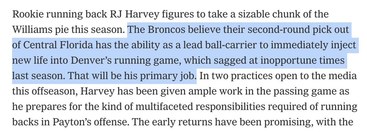Positive start for RJ Harvey at OTAs, as noted here by The Athletic. 

If he does cleanly win the lead back job, receptions will follow thanks to scheme.