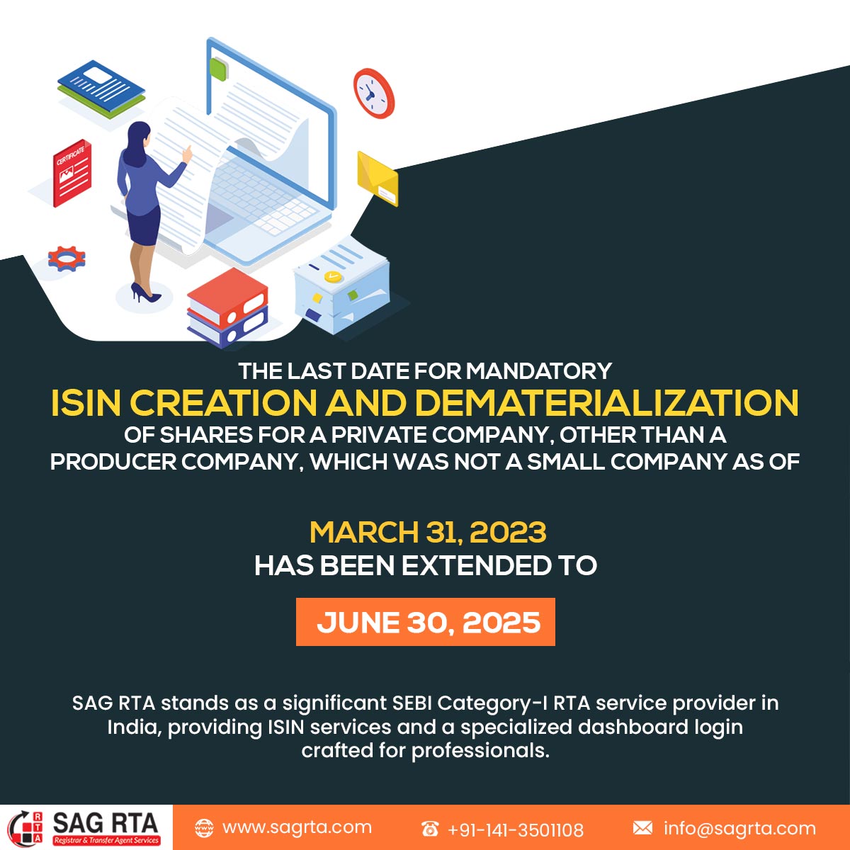 sag_rta's tweet image. The deadline for mandatory ISIN generation and share dematerialization for eligible private companies has been extended to June 30, 2025.
bit.ly/3UwkjF9
#ISIN #Dematerialization #ComplianceUpdate #PrivateCompanies #RegistrarandShareTransferAgent #RTAservices #RTAforms