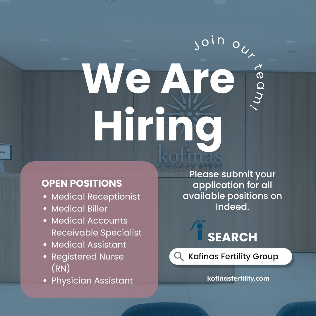 🚨 We’re hiring at Kofinas Fertility Group! 🌱✨
Join our mission to help families grow.

Open roles:
📞 Receptionist
💳 Biller
💲 A/R Specialist
👩‍⚕️ MA, RN, PA

Apply now 👉 hubs.la/Q03qjRK70

#Hiring #HealthcareJobs #NYCHiring