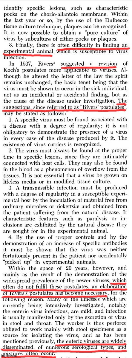 ViroLIEgy's tweet image. A 1958 paper admitted Koch's Postulates couldn’t be met for "viruses," so Rivers proposed weaker ones—which also couldn’t be satisfied. The author conceded virologists make causal claims with scant evidence. They've been making excuses for lacking scientific proof from the start.