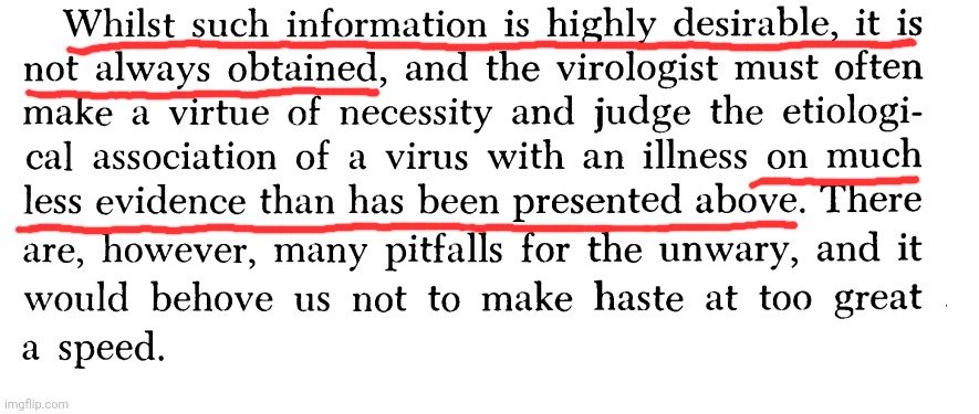 ViroLIEgy's tweet image. A 1958 paper admitted Koch's Postulates couldn’t be met for "viruses," so Rivers proposed weaker ones—which also couldn’t be satisfied. The author conceded virologists make causal claims with scant evidence. They've been making excuses for lacking scientific proof from the start.