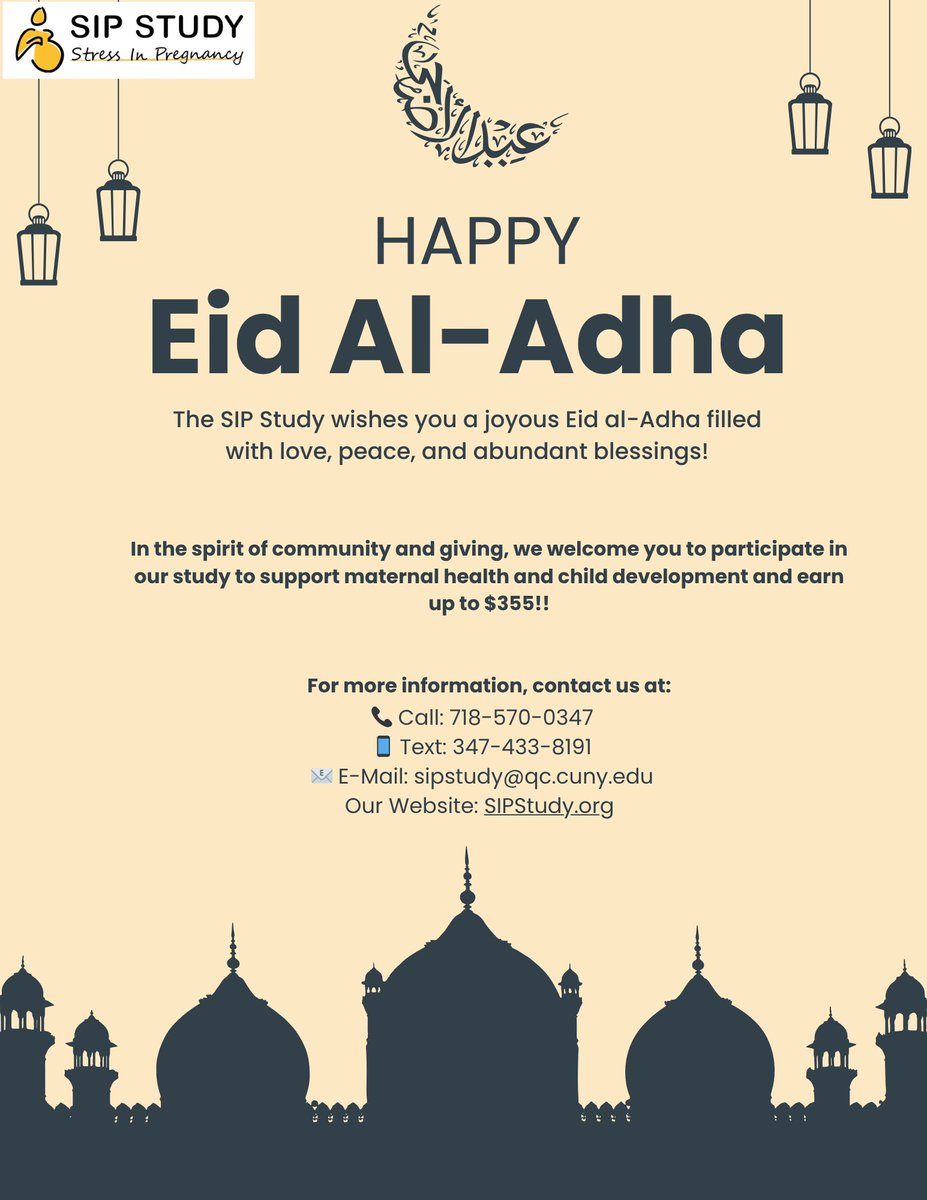 sip_study's tweet photo. Wishing you love, peace, and abundant blessings this Eid al-Adha!
In the spirit of giving, consider joining our study to support maternal and child health and earn up to $355!📞 Call: 718-570-0347
📱 Text: 347-433-8191
📧 sipstudy@qc.cuny.edu
🌐 https://t.co/VTVtBUvHyJ
#EidAlAdha https://t.co/rQLMbVOO5S