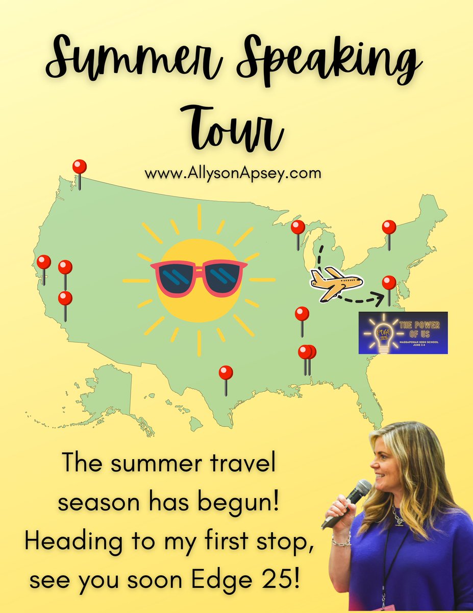 AllysonApsey's tweet photo. Wheels up for the summer speaking season! Cannot wait to connect with inspiring educators at Edge 25 in Fredericksburg, Virginia tomorrow!
#PlugIntoEDGE #CLSinspires #WhatMakesAGreatPrincipal #LeadingTheWholeTeacher #LeadwithCollaboration https://t.co/ymlEVucN5Y