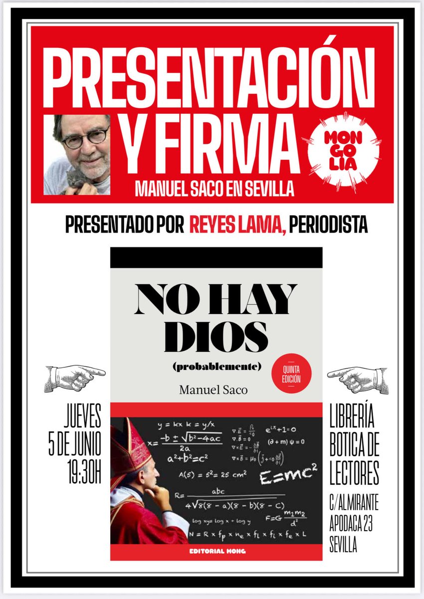 Revista Mongolia (@revistamongolia) on Twitter photo 📢 SEVILLA: VIENE SACO Y NO TRAE CONSUELO
El jueves 5 a las 19:30h, Manolo Saco presenta su libro "No hay Dios (probablemente)" editado por #RevistaMongolia en la <a href="/LibreriaBotica/">Librería Botica de Lectores</a>
🎤 La presentación corre a cargo de la periodista Reyes Lama, que aún no ha sido excomulgada. 📢 SEVILLA: VIENE SACO Y NO TRAE CONSUELO
El jueves 5 a las 19:30h, Manolo Saco presenta su libro "No hay Dios (probablemente)" editado por #RevistaMongolia en la <a href="/LibreriaBotica/">Librería Botica de Lectores</a>
🎤 La presentación corre a cargo de la periodista Reyes Lama, que aún no ha sido excomulgada.