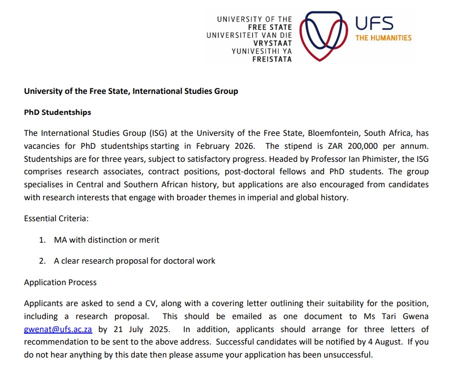 The International Studies Group <a href="/UFSweb/">UFS</a> in South Africa is advertising funded PhD positions in history.

This is a research-intensive department focusing on Southern Africa history. It's also a place where I spent three happy years working.