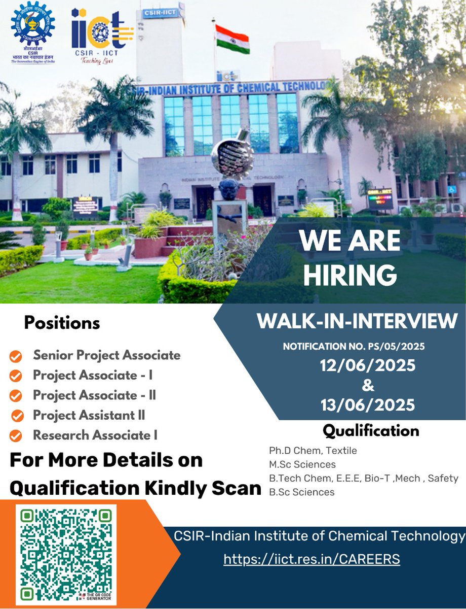CSIR-IICT (@csiriict) on Twitter photo CSIR-IICT conducting Walk-in interviews on 12-06-2025 & 13-06-2025 against various project positions . For more information see NOTIFICATION NO.: PS/05/2025 on our website iict.res.in/CAREERS
<a href="/CSIR_IND/">CSIR, India</a> <a href="/DrNKalaiselvi/">N Kalaiselvi</a> <a href="/CSIR_NIScPR/">CSIR-NIScPR</a> <a href="/AcSIR_India/">AcSIR</a> CSIR-IICT conducting Walk-in interviews on 12-06-2025 & 13-06-2025 against various project positions . For more information see NOTIFICATION NO.: PS/05/2025 on our website iict.res.in/CAREERS
<a href="/CSIR_IND/">CSIR, India</a> <a href="/DrNKalaiselvi/">N Kalaiselvi</a> <a href="/CSIR_NIScPR/">CSIR-NIScPR</a> <a href="/AcSIR_India/">AcSIR</a>