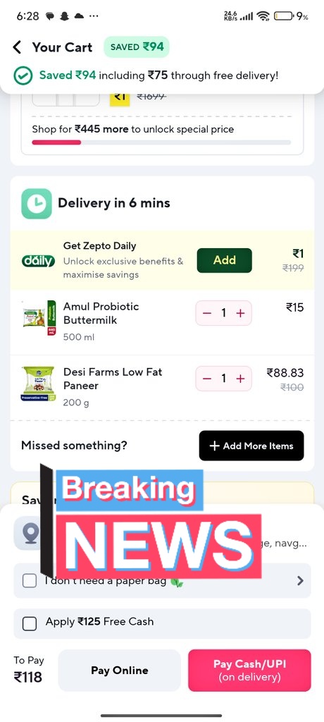 shraddha_1401's tweet photo. @ZeptoNow Why is my order total still so high even with ₹125 Zepto Cash applied? This feels like a scam! Attaching screenshots. #ZeptoScam #CustomerServiceFail #Zepto 
@aadit_palicha @v0hra https://t.co/KT1R3klt0D
