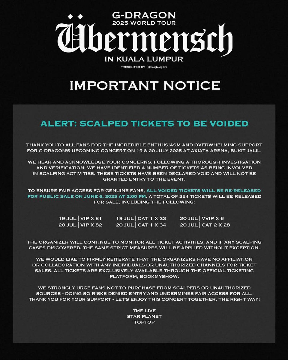 msiakpopfans's tweet photo. [INFO] G-DRAGON 2025 WORLD TOUR [Übermensch] IN KUALA LUMPUR, presented by Hong Leong Bank

Scalped tickets have been declared void and will not be granted entry to the event.

All voided tickets will be re-released for public sale on June 6, 2025 at 2PM. A total of 254 tickets will be released for sale, including the following:

19 JUL | VIP x 81
19 JUL | CAT 1 x 23 
20 JUL | VVIP x 6 
20 JUL | VIP x 82
20 JUL | CAT 1 x 34 
20 JUL | CAT 2 x 28

#GDRAGON #GD #Übermensch #위버맨쉬 #GDRAGONinKL #ÜbermenschinKL