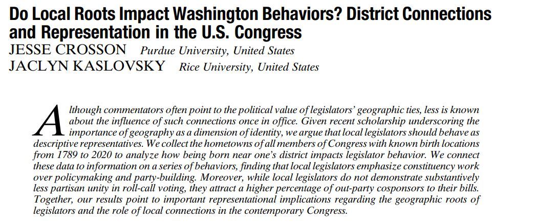 From our new issue: "Do Local Roots Impact Washington Behaviors? District Connections
and Representation in the U.S. Congress " by JESSE CROSSON (x.com/jcrohsaine) and JACLYN KASLOVSKY. #APSRNewIssue cambridge.org/core/journals/…
