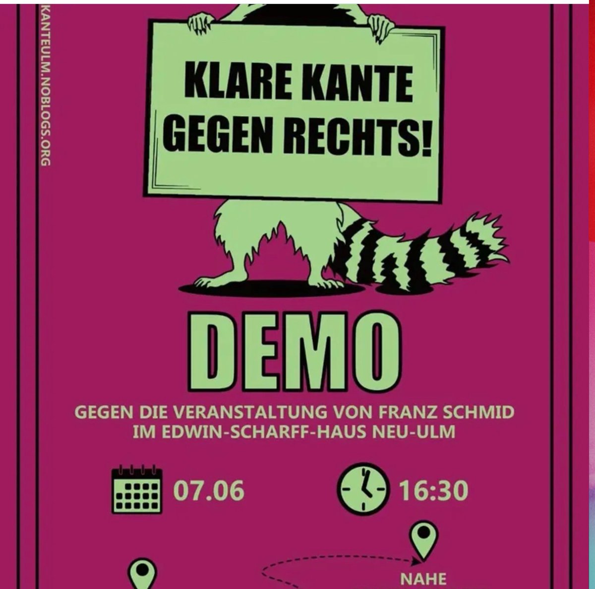 #savethedate #NeuUlm

Klare Kante Gegen Rechts

Demo gegen Veranstaltung Franz Schmid #AfD, Bayern

👉🏽 07. Juni 2025, 16:30 Uhr 
👉🏽 Neu-Ulm, Edwin-Scharf-Haus

Weitere Infos hier:
instagram.com/p/DH-hgw_MLQw/…