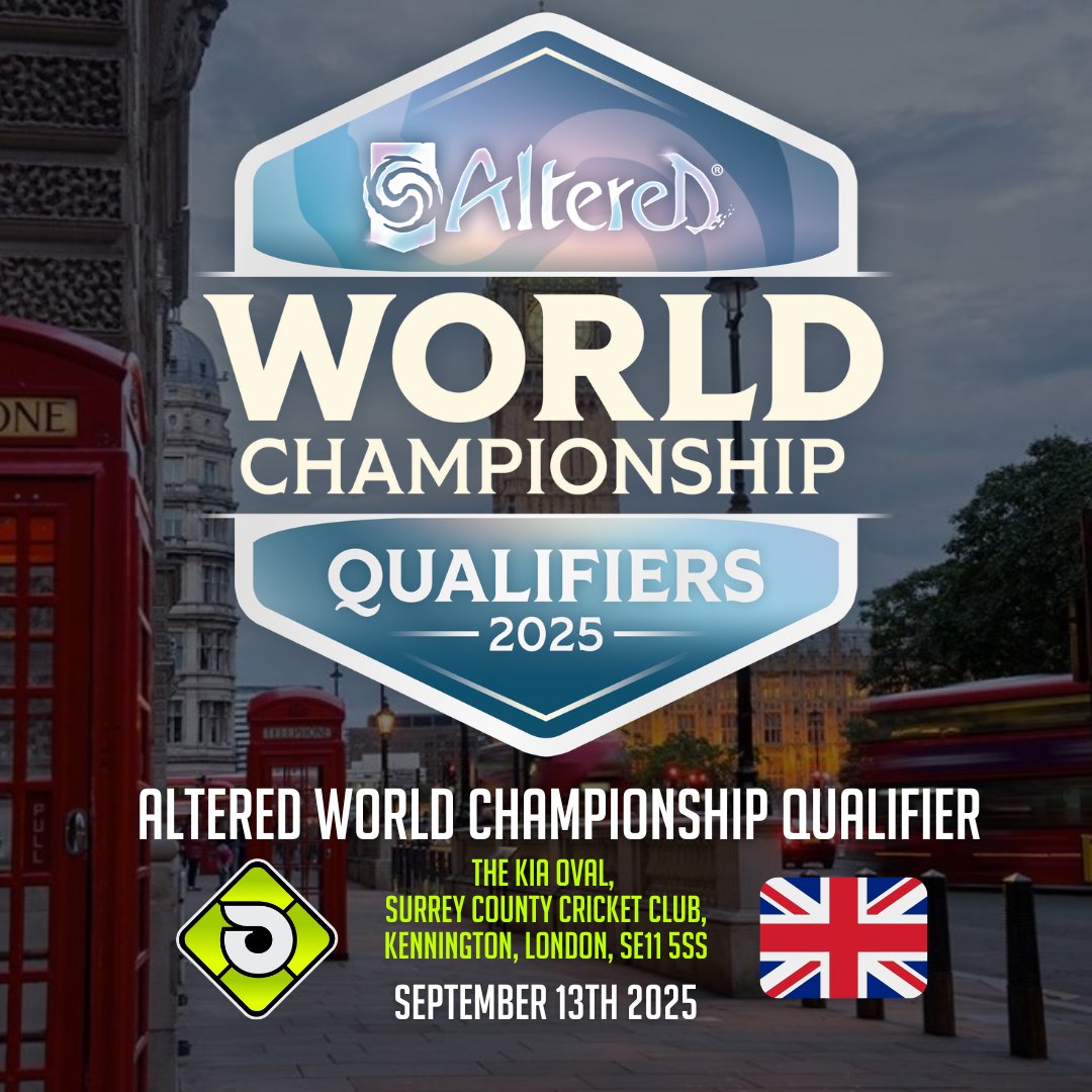 🚨 Altered TCG is coming to LONDON! 🚨

Fresh off an epic weekend at UK Games Expo, we’re thrilled to announce the Altered TCG World Championship Qualifier is landing at the iconic Kia Oval Stadium on September 13th, 2025! 🏟️🔥

🎮 Main Event
• Best-of-1 Swiss rounds
• Followed