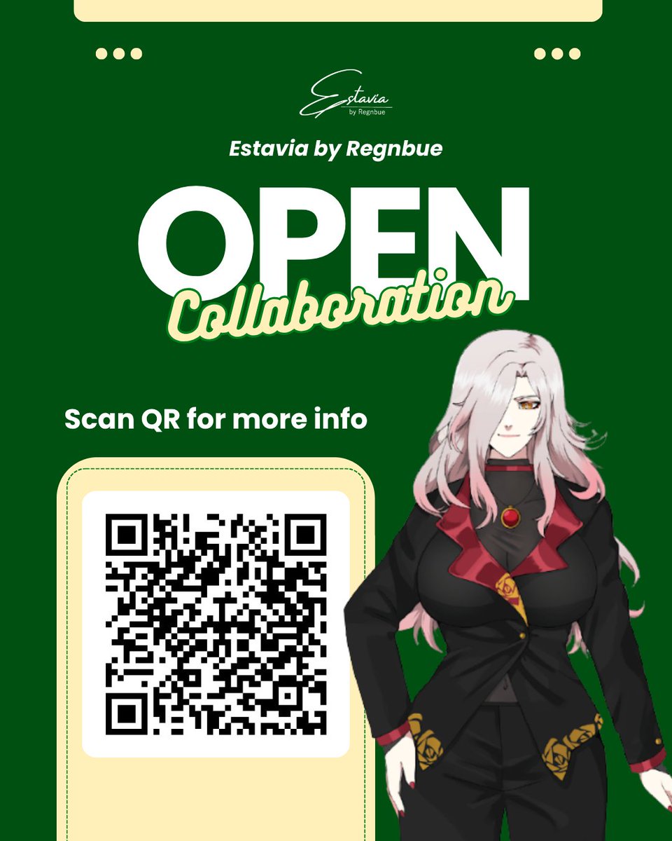 🚨 Open Collab Alert! 🚨
Estavia by Regnbue lagi cari temen kolaborasi nih! 🎨
Kamu kreator? Brand? Atau punya ide keren yang pengen diwujudin bareng? Yuk gabung! 💡

📲 Scan QR di poster buat info lengkapnya~
#OpenCollab #EstaviaByRegnbue #KolaborasiKreatif
