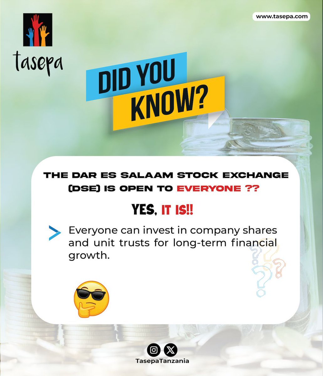 📈💰 Did you know YOU can invest too? The Dar es Salaam Stock Exchange (DSE) is open to EVERYONE — no matter who you are! 🌍✨ Start building wealth by investing in shares and unit trusts for long-term growth. It’s never too early or late to make your money work for you. 💸🚀