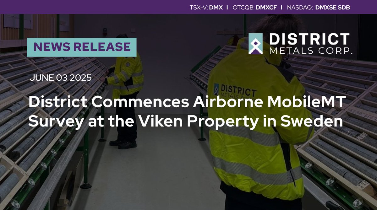 district_metals's tweet image. #NewsRelease: District Commences Airborne MobileMT Survey at the Viken Property in Sweden
Read: districtmetals.com/news/district-…
🇨🇦 $DMX.v | 🇺🇸 $DMXCF | 🇸🇪 $DMXSE SDB