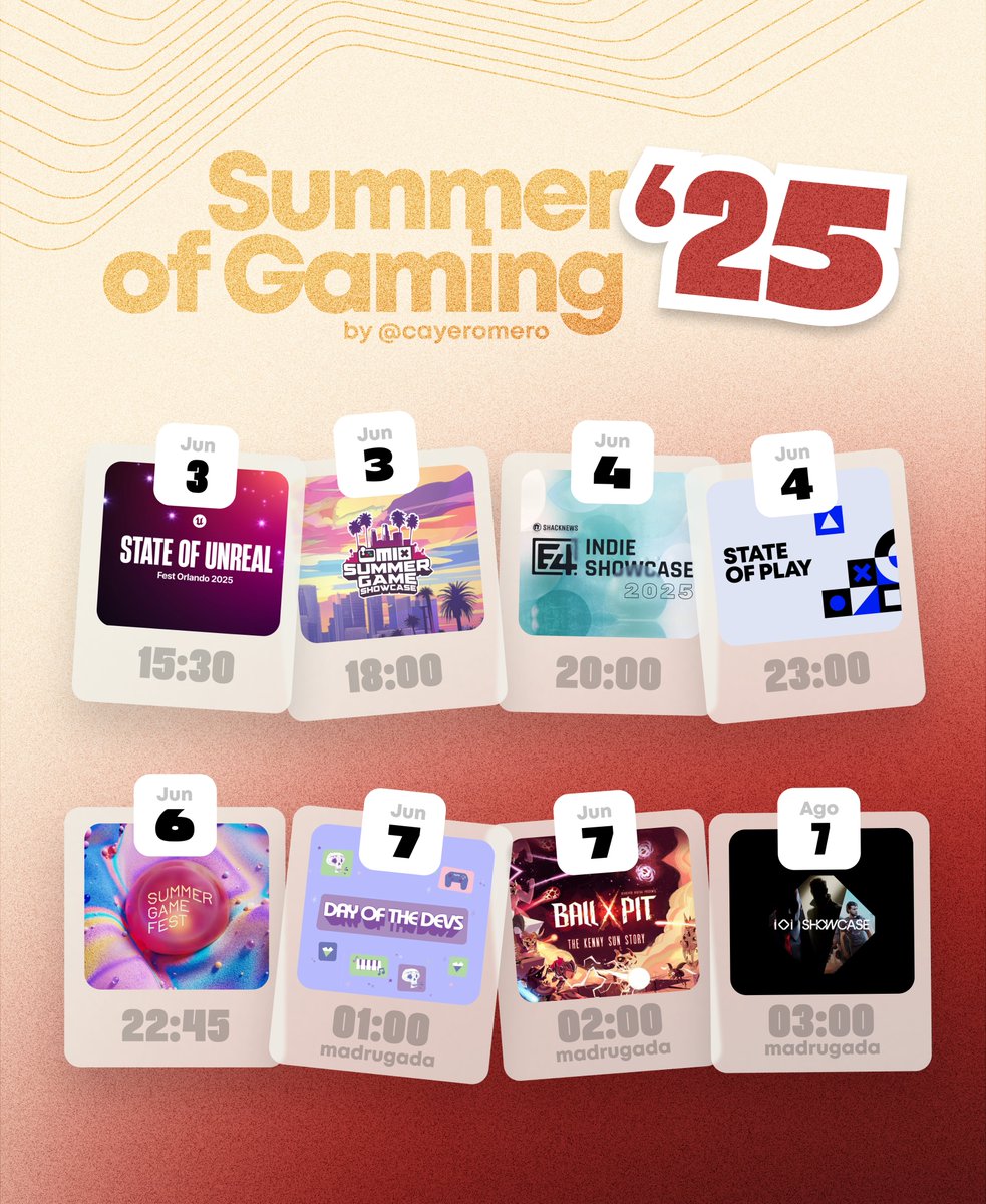cayeromero's tweet photo. Eventos de videojuegos!!
VERANO 2025 ☀️🌴
#SummerGameFest https://t.co/c66vd1gBmi