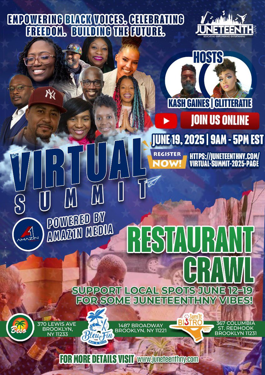 Join us for the Juneteenth NYC Virtual Summit on June 19, 2025 | 9AM–5PM EST, hosted by <a href="/GainesKash/">Kash Gaines</a> <a href="/Glitteratie1/">Glitteratie</a>!

Powered by Amaz1n Media, this virtual event will empower Black voices, celebrate freedom, and build the future!

Register ➡️ events.ringcentral.com/events/junetee…
