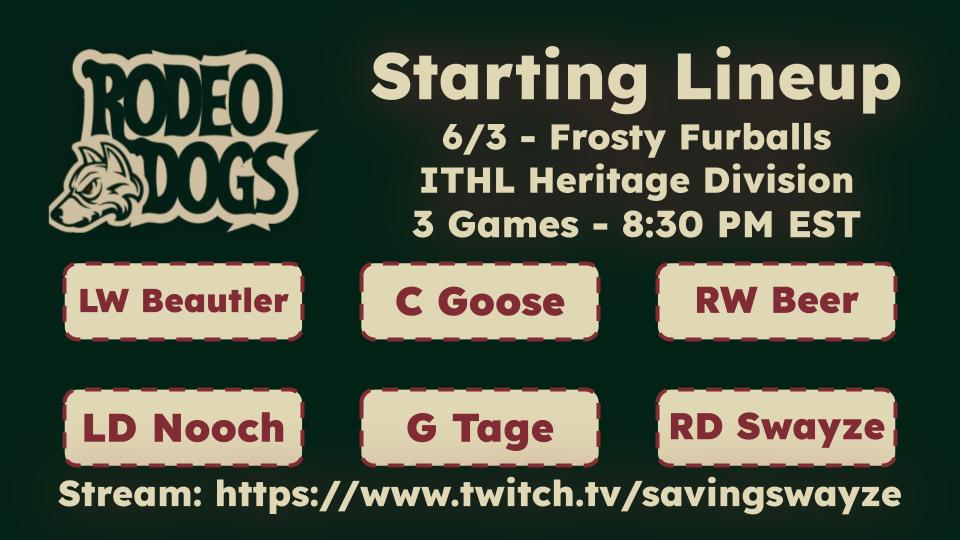 We're back on X after a hot start to Season 21 🔥

The Rodeo Dogs are rolling at 8-4 to open the year and looking to keep the momentum going.

Tonight, the pack takes on the Frosty Furballs at 8:30 PM EST in a primetime matchup.

Let’s keep riding.

#RodeoDogs #ITHL