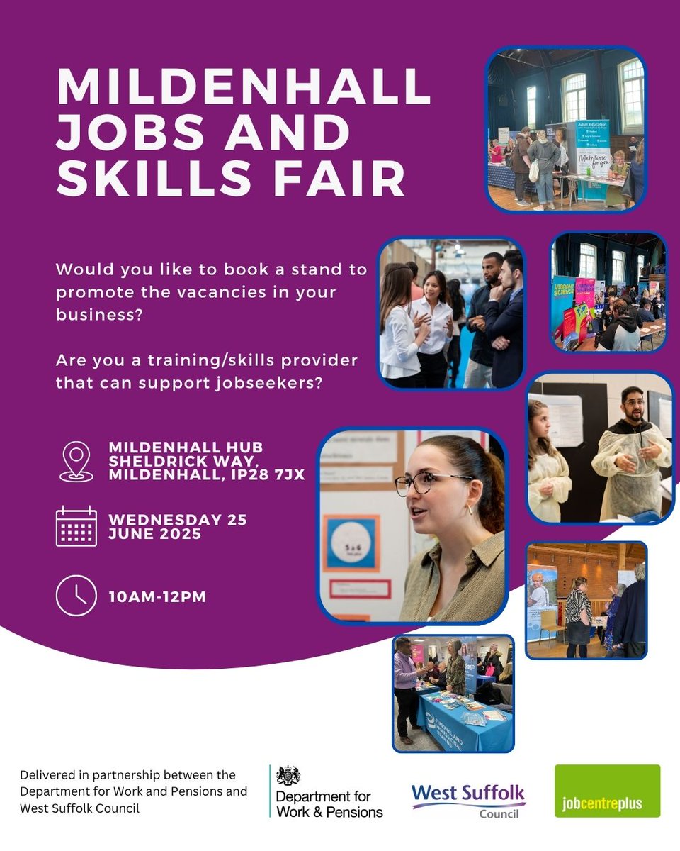 Looking to fill vacancies or upskill your workforce? 
Secure your free stall today for the Mildenhall Jobs and Skills Fair on 25 June at the Mildenhall Hub from 10am–12pm.

Interested in taking part? Contact us now WESTSUFFOLK.EandP@dwp.gov.uk

#mildenhall #jobs #westsuffolk