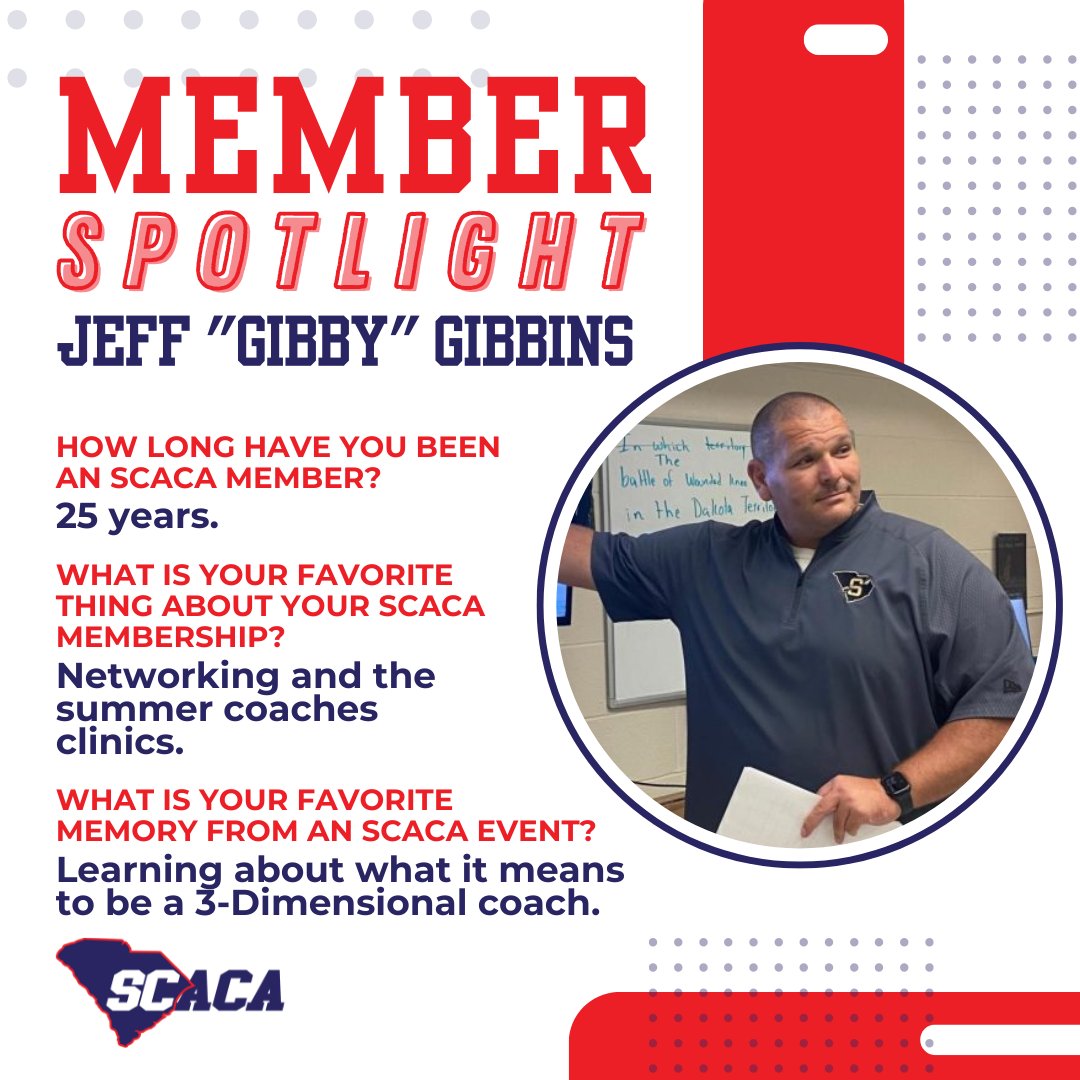 South Carolina Athletic Coaches Association (@carolinacoaches) on Twitter photo Meet Jeff “Gibby” Gibbins from <a href="/SocasteeHS/">Socastee High School</a> in <a href="/HorryCountySC/">Horry County SC</a>, who has been an SCACA member for 25 years!
🏆 Favorite coaching memory? Helping Justin Knipper win his second state title. 🤼
📣 Coaching tip: “Study up on what it means to be a 3-dimensional coach." Meet Jeff “Gibby” Gibbins from <a href="/SocasteeHS/">Socastee High School</a> in <a href="/HorryCountySC/">Horry County SC</a>, who has been an SCACA member for 25 years!
🏆 Favorite coaching memory? Helping Justin Knipper win his second state title. 🤼
📣 Coaching tip: “Study up on what it means to be a 3-dimensional coach."