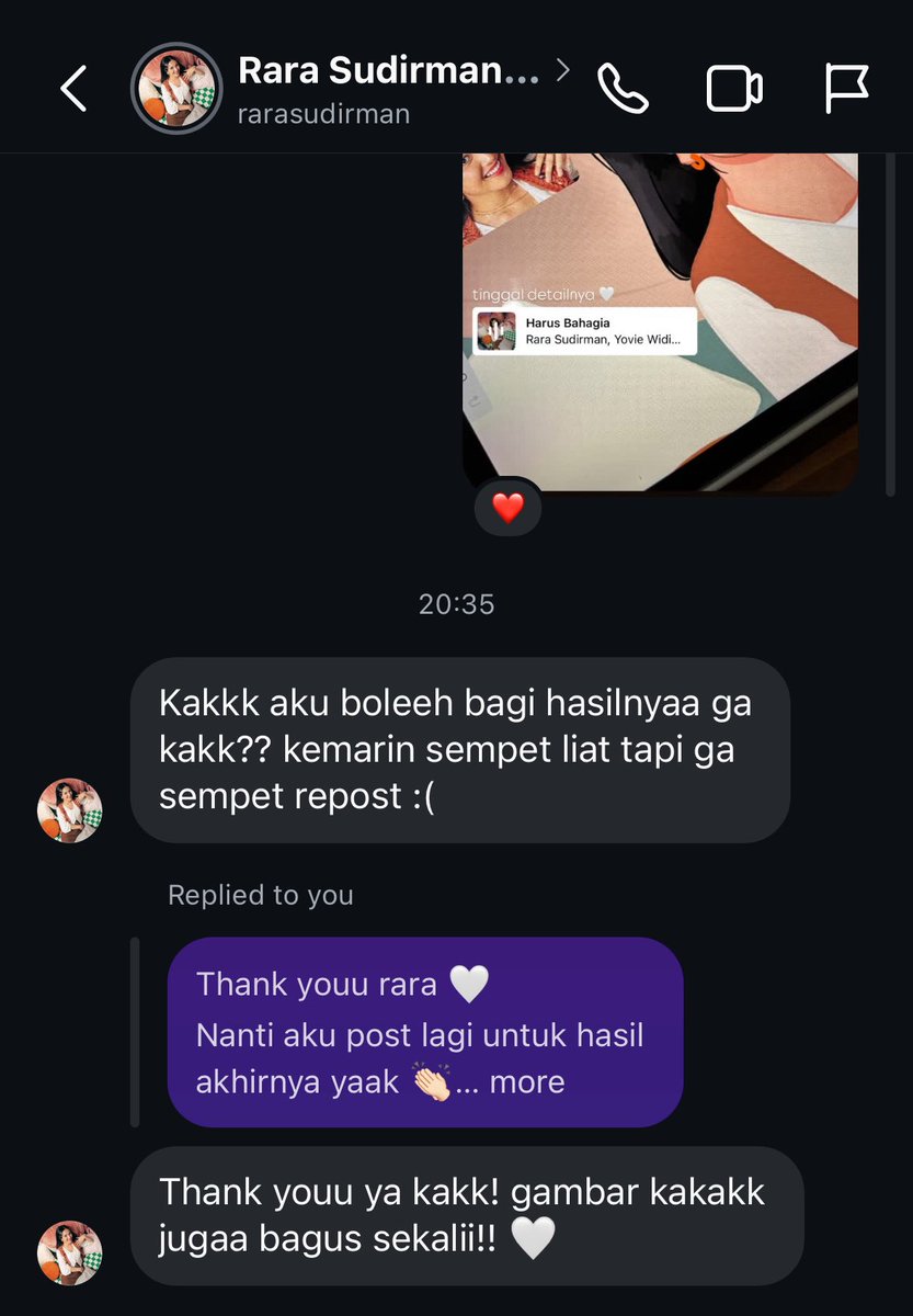barusan di DM sama Rara dan dia mau minta hasil gambarku 🤩