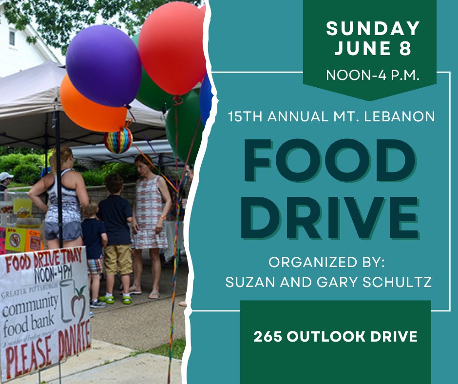 The Schultz's Mt. Lebanon Food Drive, benefitting @pghfoodbank, is this Sunday from noon to 4 p.m. The @mtlebanonpolice always supports this annual event, rain or shine. Stop by at 265 Outlook Drive!