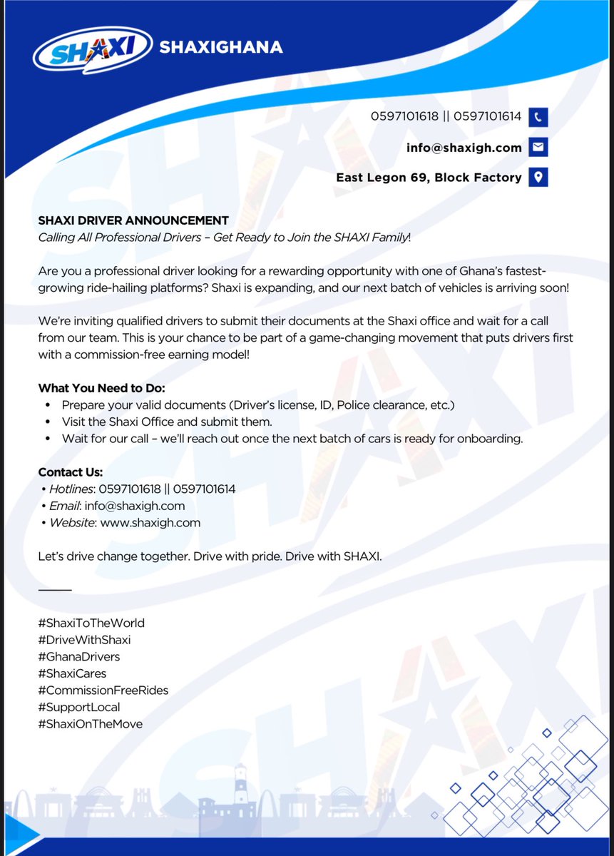 SHAXIGHANA's tweet image. SHAXI ANNOUNCEMENT 📣📣📣📣Calling All Professional Drivers – Get Ready to Join the SHAXI Family!

Shaxi is expanding, and our next batch of vehicles is arriving soon!
#shaxi it’s time To Ride !!!