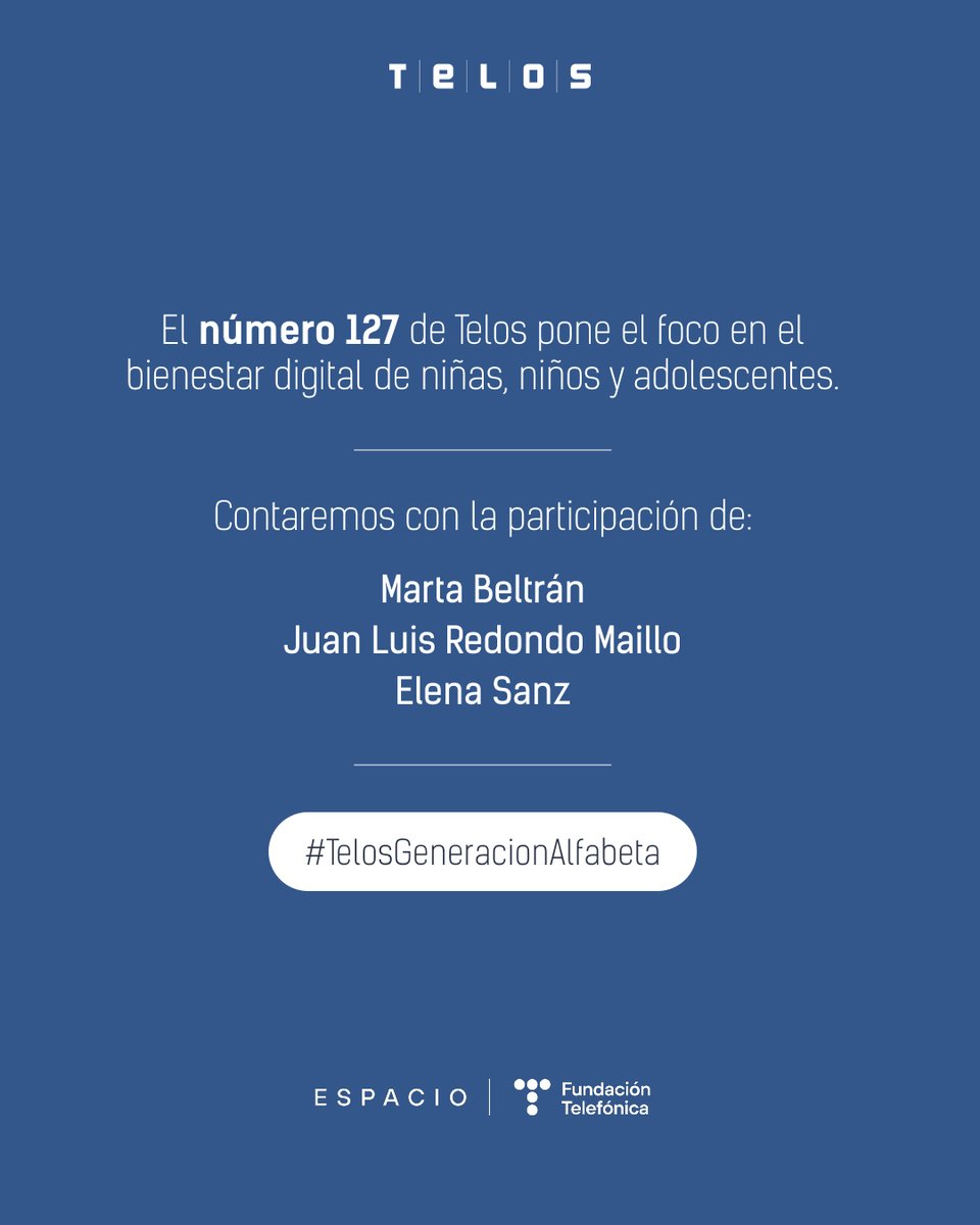 revistatelos's tweet image. ¿Quién cuida de quienes nacen conectados?

El número 127 de #Telos pone el foco en el bienestar digital de niñas, niños y adolescentes.
#TelosGeneracionAlfabeta

📍10 de junio, 19:00h en @EspacioFTef  

¡Reserva tu plaza! fundtelf.com/presentacion