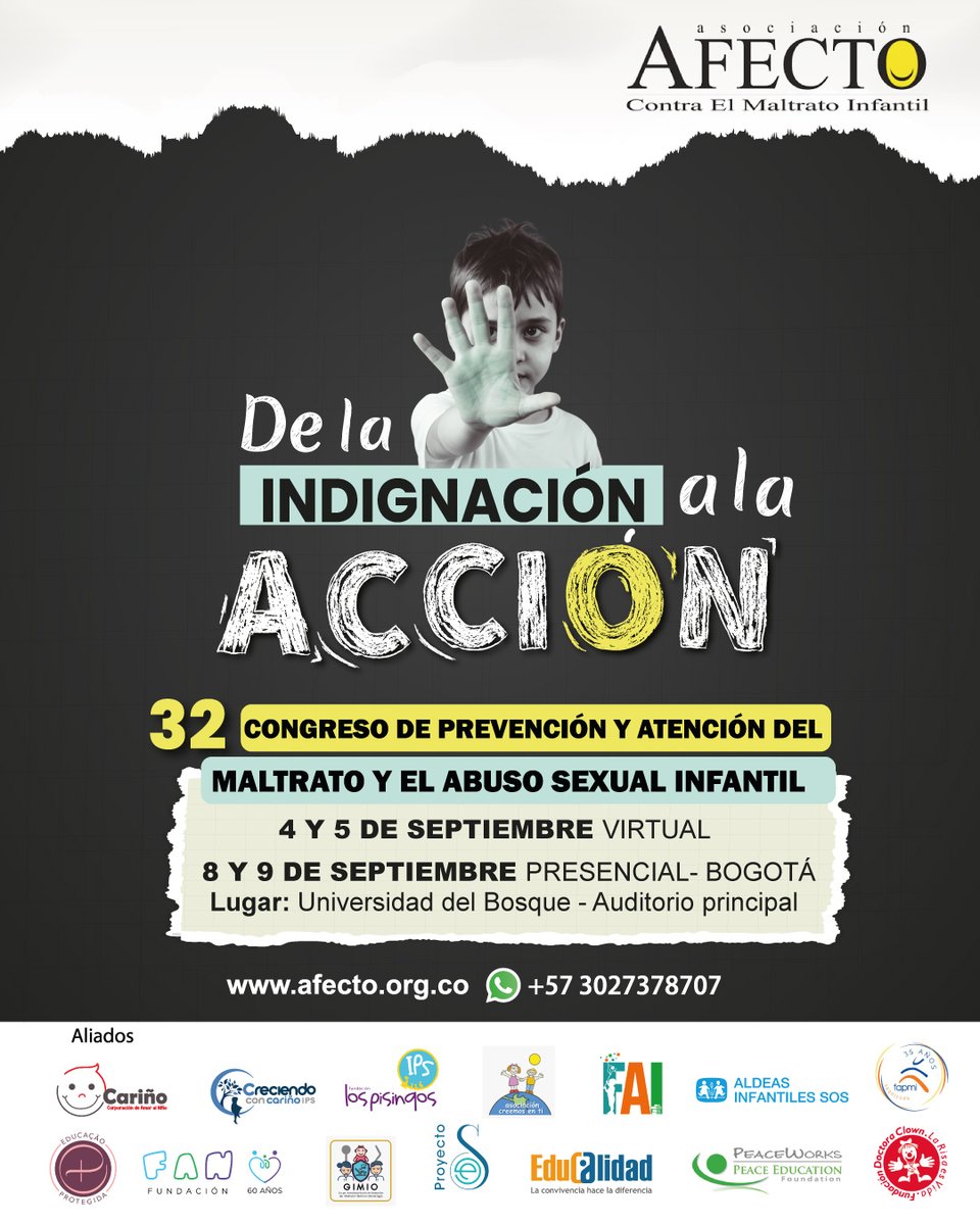 🛡️ Capacitarse también es proteger
Llega el 32.º Congreso Afecto contra el maltrato y el abuso sexual infantil. <a href="/afectoenlinea/">Asociación Afecto</a> 
🗓️ 4 y 5 sept: virtual
📍 8 y 9 sept: presencial en Bogotá (Univ. El Bosque)
🌎 Con expertos nacionales e internacionales
👉 afecto.org.co