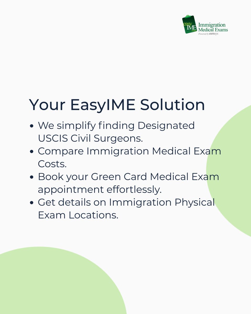 easyIME's tweet image. From understanding what the exam entails, to locating your USCIS-approved Civil Surgeon, we&apos;ve got you covered. Discover how easyIME helps you find the right Immigration Doctor near you, compare costs, and book appointments with ease.
#GreenCardMedicalExam #I693 #CivilSurgeon