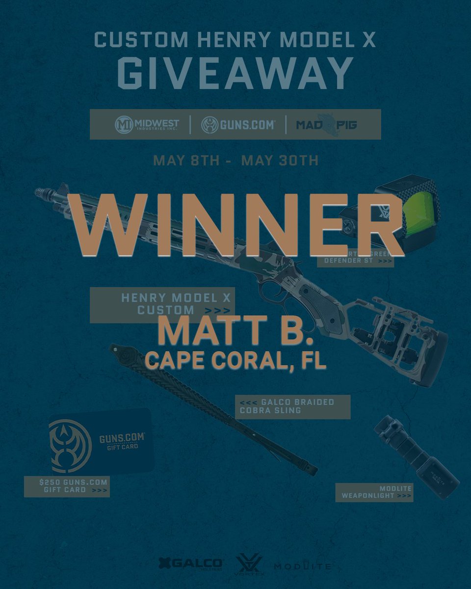 Guns.com (@guns_com) on Twitter photo Congrats to Matt B. for winning the custom Henry Model X rifle giveaway. Special thanks to <a href="/madpigcustoms/">Mad Pig Customs</a> and <a href="/MidwestIndinc/">Midwest Industries</a> for helping make this happen.
Stay tuned for more giveaways! Congrats to Matt B. for winning the custom Henry Model X rifle giveaway. Special thanks to <a href="/madpigcustoms/">Mad Pig Customs</a> and <a href="/MidwestIndinc/">Midwest Industries</a> for helping make this happen.
Stay tuned for more giveaways!