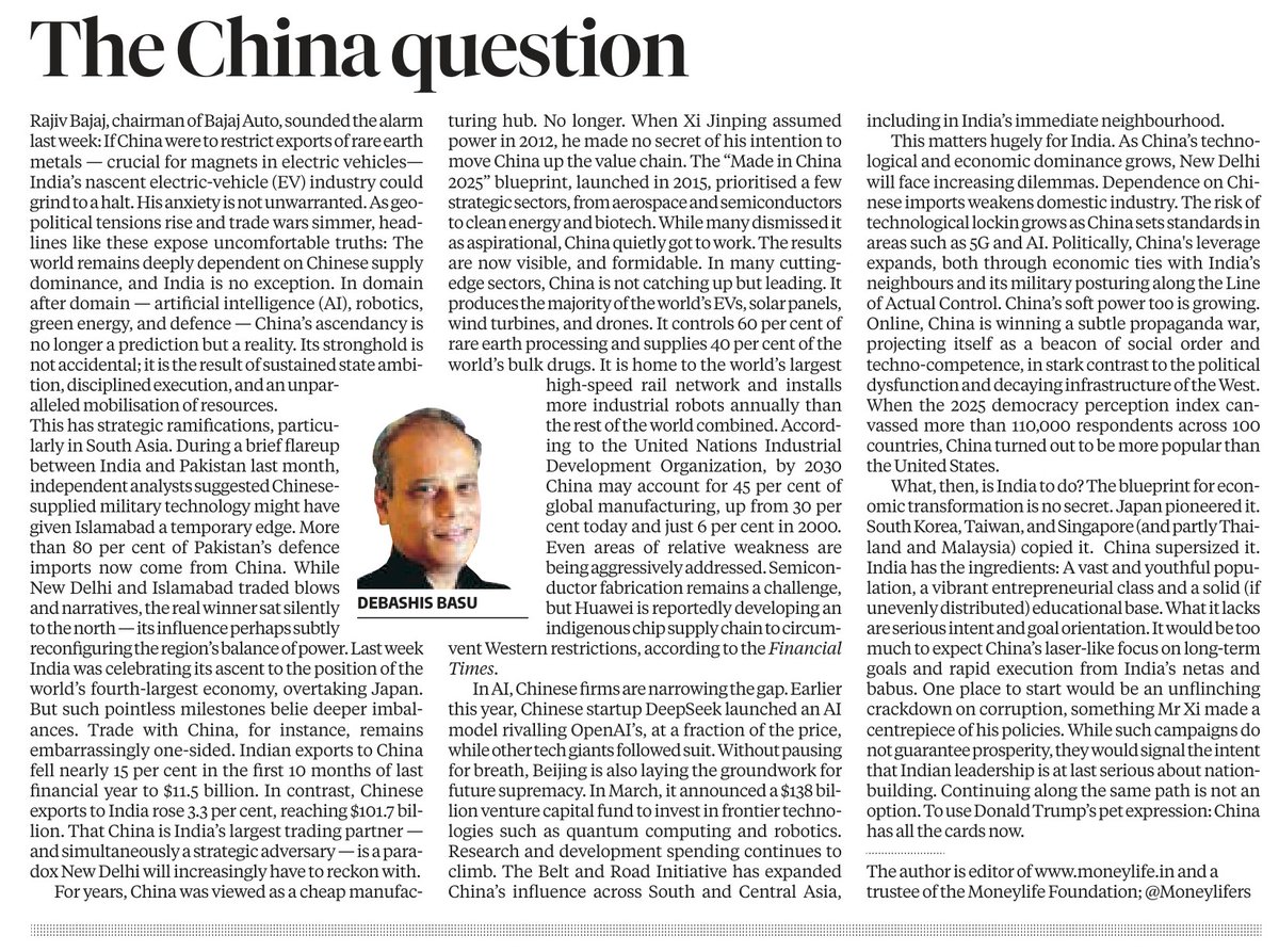 The last para will first make you contemplative, and then might sadden you. Handle with care.

#NationBuilding #China #India #Future