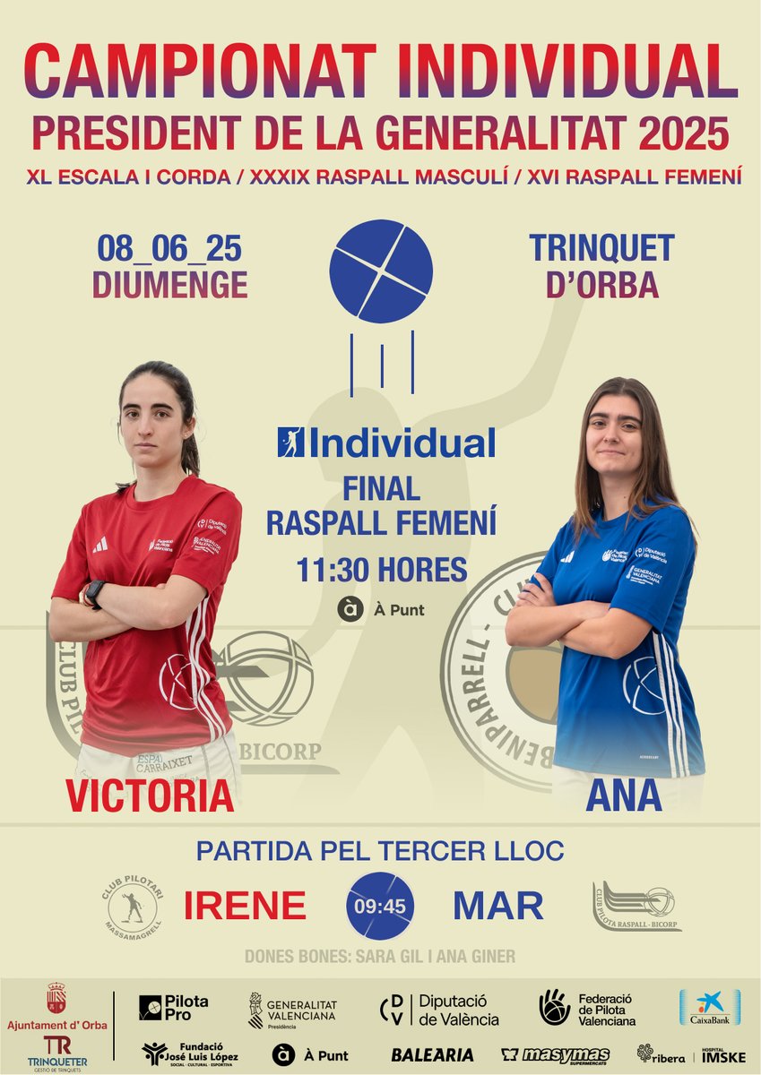 🏆 Este diumenge 8 de juny tenim la primera GRAN FINAL de l'Individual. Victoria i Ana tornaran a disputar-se el mà a mà, esta vegada al trinquet d'Orba.

🎟️ ENTRADES: entrades.fedpival.es/21-final-xvi-c…