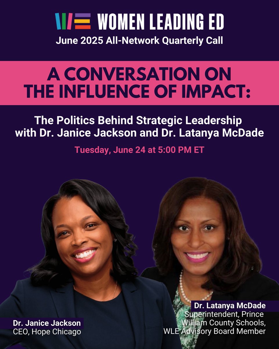 Women Leading Ed (@womenleadinged) on Twitter photo Our June All-Network Quarterly Call is rapidly approaching!
@JaniceJackson joins <a href="/LDMcDade/">LaTanya D. McDade, Ed.D.</a> for a fireside chat on strategy, power, & purpose in systems leadership.
We create space for the conversations that matter.
Learn more: womenleadinged.org/contact
#WomenLeadingEd Our June All-Network Quarterly Call is rapidly approaching!
@JaniceJackson joins <a href="/LDMcDade/">LaTanya D. McDade, Ed.D.</a> for a fireside chat on strategy, power, & purpose in systems leadership.
We create space for the conversations that matter.
Learn more: womenleadinged.org/contact
#WomenLeadingEd