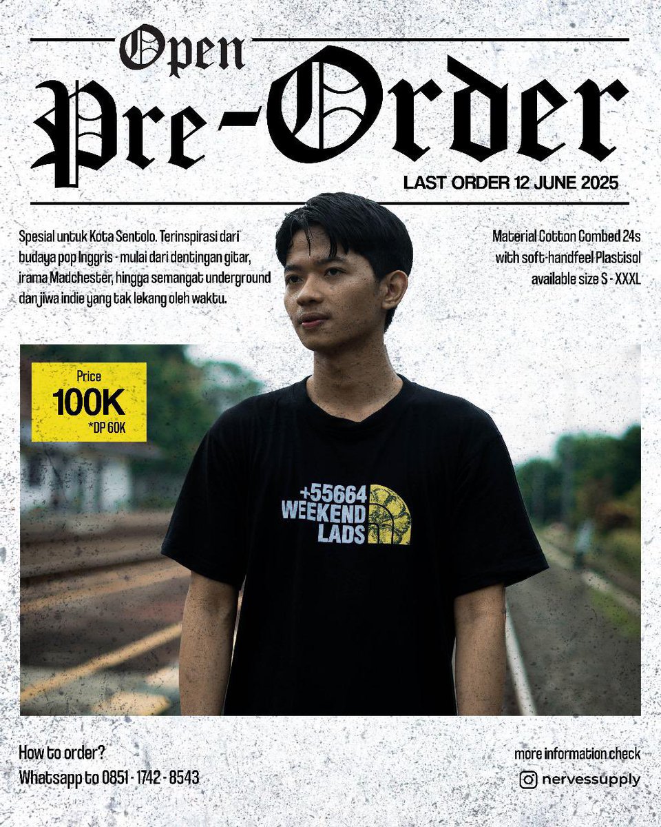 faridputramadan's tweet image. *OPEN PRE ORDER*
_Spesial untuk Kota Sentolo_. Terinspirasi dari pesona budaya pop Inggris — mulai dari dentingan gitar, irama Madchester, hingga semangat underground dan jiwa indie yang tak lekang oleh waktu.