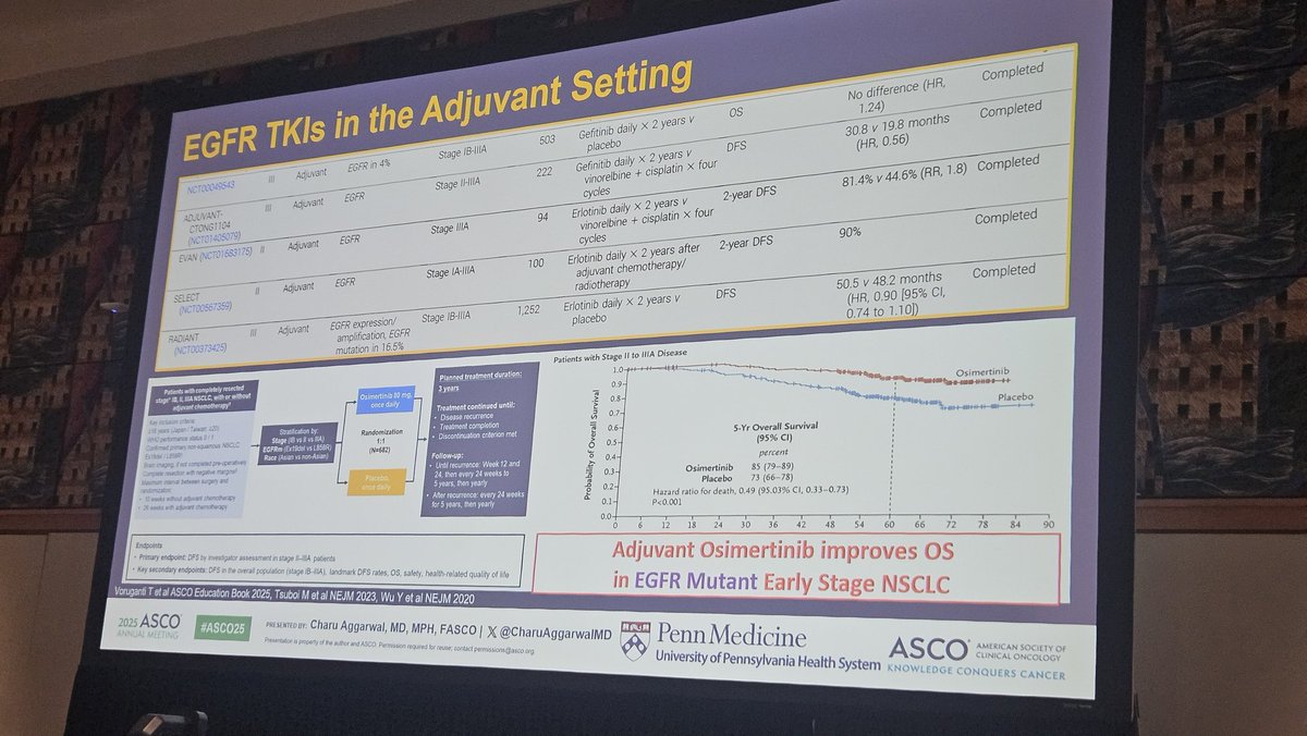 MarceloCorassa's tweet image. Great talk by the amazing @CharuAggarwalMD about definition of curative therapy in patients with "common" AGAs, in other words, EGFR/ALK. We are still trying to understand exactly TKIs are going to fit in patients candidates to surgery. #ASCO25
