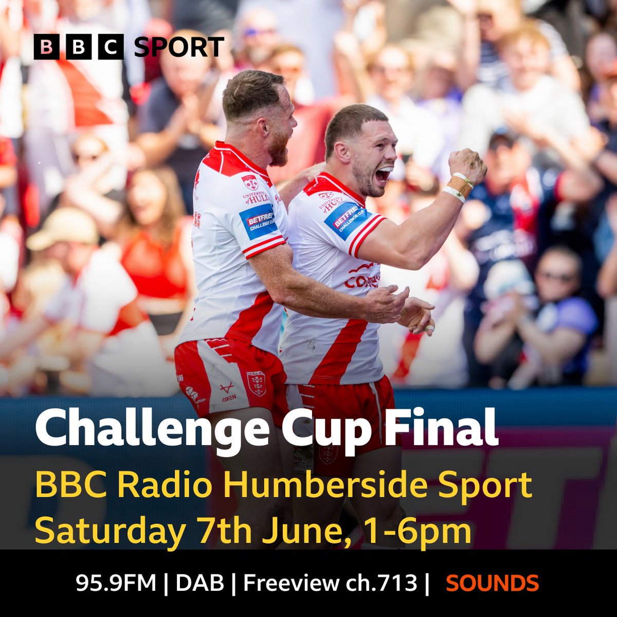 BBC Humberside Sport (@humbersidesport) on Twitter photo ๐ CUP FINAL COVERAGE
๐ <a href="/RadioHumberside/">BBC Humberside</a> have you covered with build-up & big-match commentary of <a href="/TheChallengeCup/">Betfred Challenge Cup</a> Final at <a href="/wembleystadium/">Wembley Stadium</a>.
โน๏ธ <a href="/hullkrofficial/">Hull KR</a> v <a href="/WarringtonRLFC/">Warrington Wolves</a>
๐ Saturday 1-6pm
๐ฃ๏ธ <a href="/RichardStead/">Richard Stead</a>, <a href="/Nick_pinko/">Nick Pinkney</a>, <a href="/jameshoggarth/">James Hoggarth</a> & Ollie Turner.
#UpTheRobins ๐ CUP FINAL COVERAGE
๐ <a href="/RadioHumberside/">BBC Humberside</a> have you covered with build-up & big-match commentary of <a href="/TheChallengeCup/">Betfred Challenge Cup</a> Final at <a href="/wembleystadium/">Wembley Stadium</a>.
โน๏ธ <a href="/hullkrofficial/">Hull KR</a> v <a href="/WarringtonRLFC/">Warrington Wolves</a>
๐ Saturday 1-6pm
๐ฃ๏ธ <a href="/RichardStead/">Richard Stead</a>, <a href="/Nick_pinko/">Nick Pinkney</a>, <a href="/jameshoggarth/">James Hoggarth</a> & Ollie Turner.
#UpTheRobins