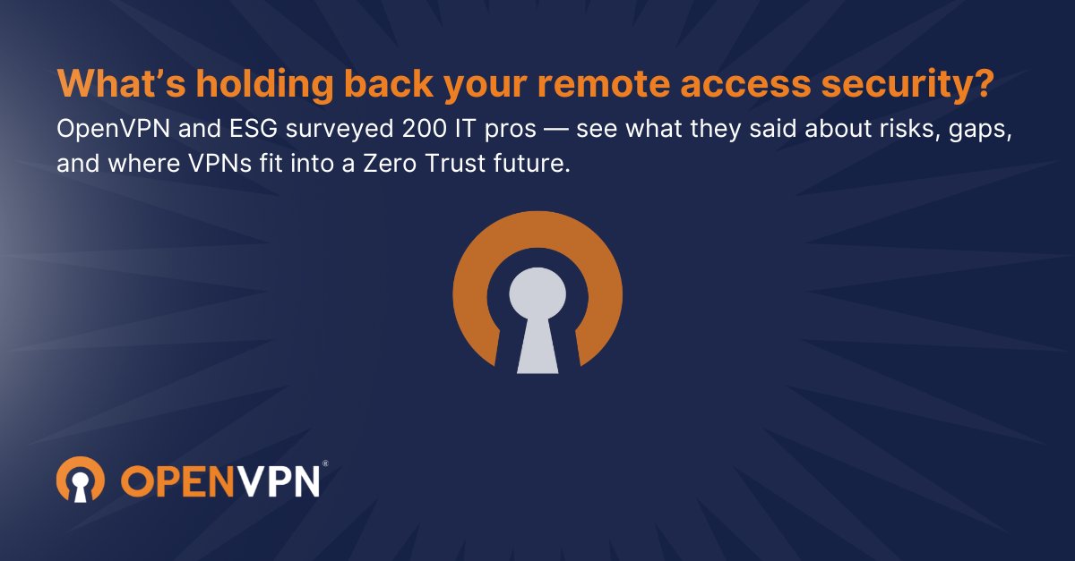 OpenVPN's tweet image. What’s holding back your remote access security?

💡 OpenVPN and @ESG_global surveyed 200 IT pros — see what they said about risks, gaps, and where VPNs fit into a Zero Trust future.

Read the research: openv.pn/4dsQAHL

#CyberSecurityInsights #ZeroTrustNetworkAccess…