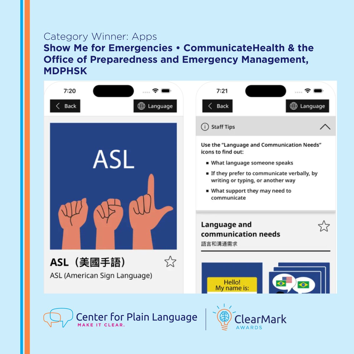 Center for Plain Language (@plain_language) on Twitter photo ClearMark 2025 Apps Category Winner: Show Me for Emergencies by <a href="/CommunicateHlth/">CommunicateHealth</a>
“A stunning piece of communication that will be useful for so many people.” – ClearMark judge
See all winners: bit.ly/3SlHmmP
#ClearMarkAwards #PlainLanguage #HealthApps ClearMark 2025 Apps Category Winner: Show Me for Emergencies by <a href="/CommunicateHlth/">CommunicateHealth</a>
“A stunning piece of communication that will be useful for so many people.” – ClearMark judge
See all winners: bit.ly/3SlHmmP
#ClearMarkAwards #PlainLanguage #HealthApps